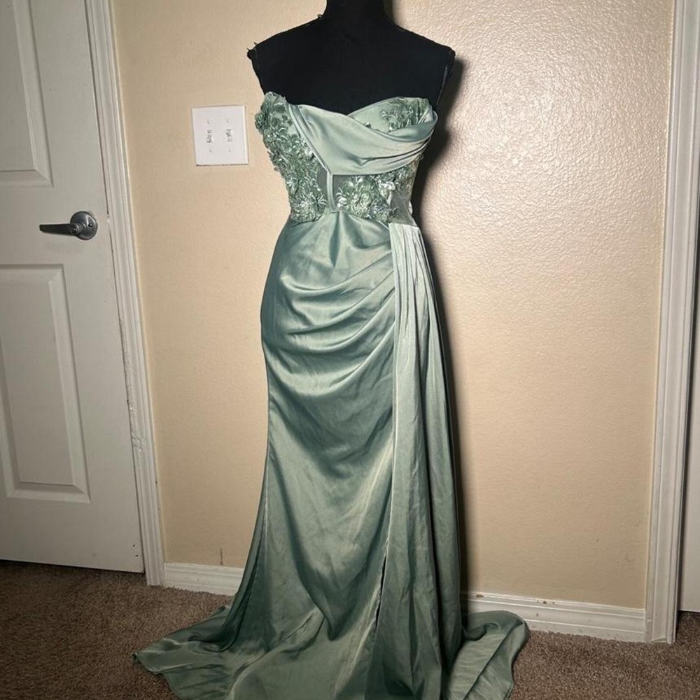 Vintage Mint Green Satin Strapless Embellished Mermaid Maxi Dress Formal Y2K M
